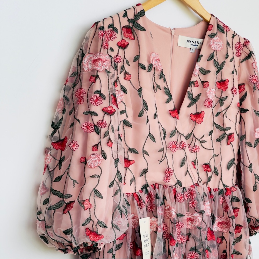 JessaKae Embroidered Holly Dress Blush Pink Tulle Floral 3/4 Sleeve V-Neck Lined - Picture 6 of 13